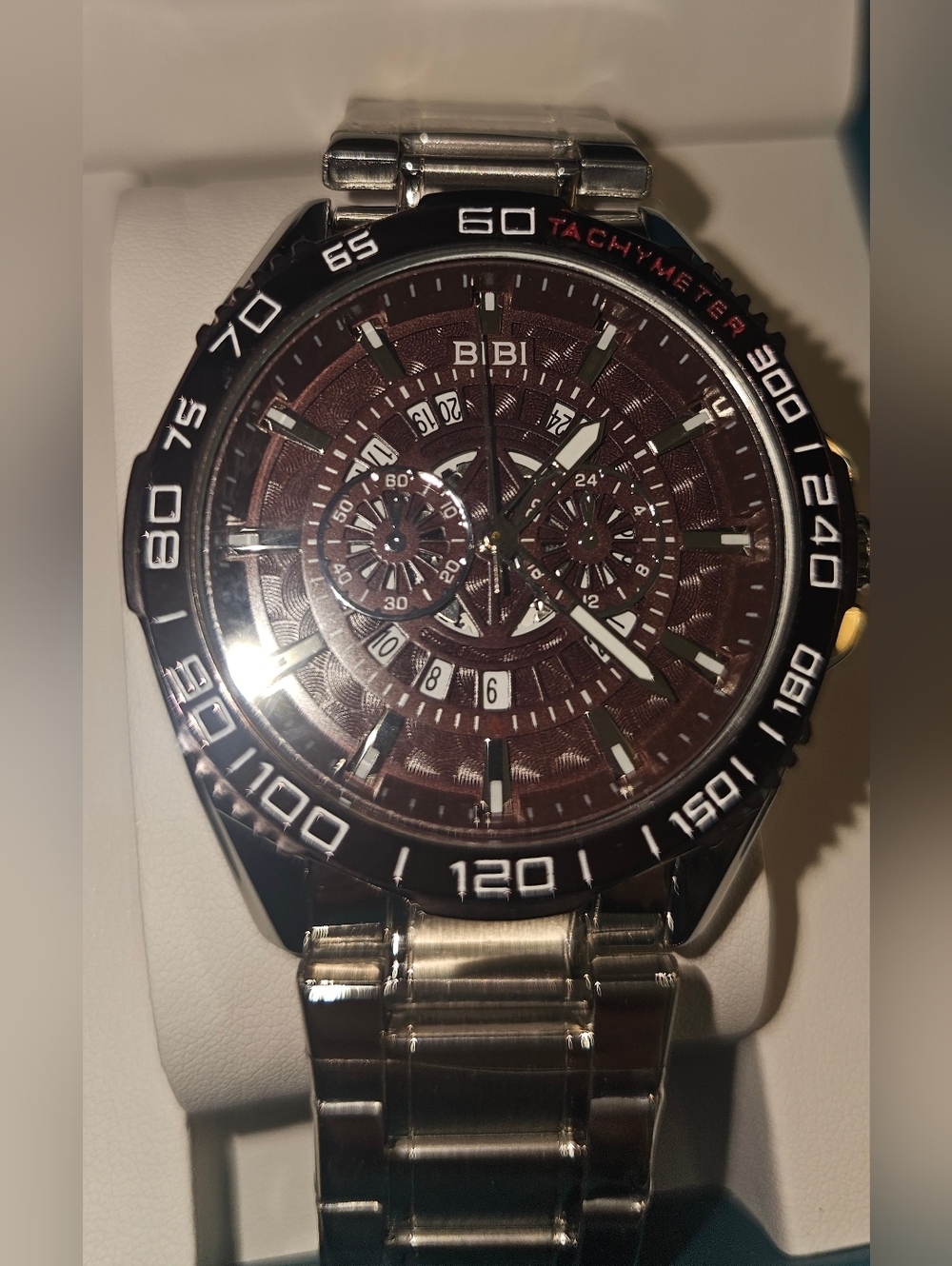 BiBi Men's Chronograph Watch - Burgandy Dial, Black Bezel